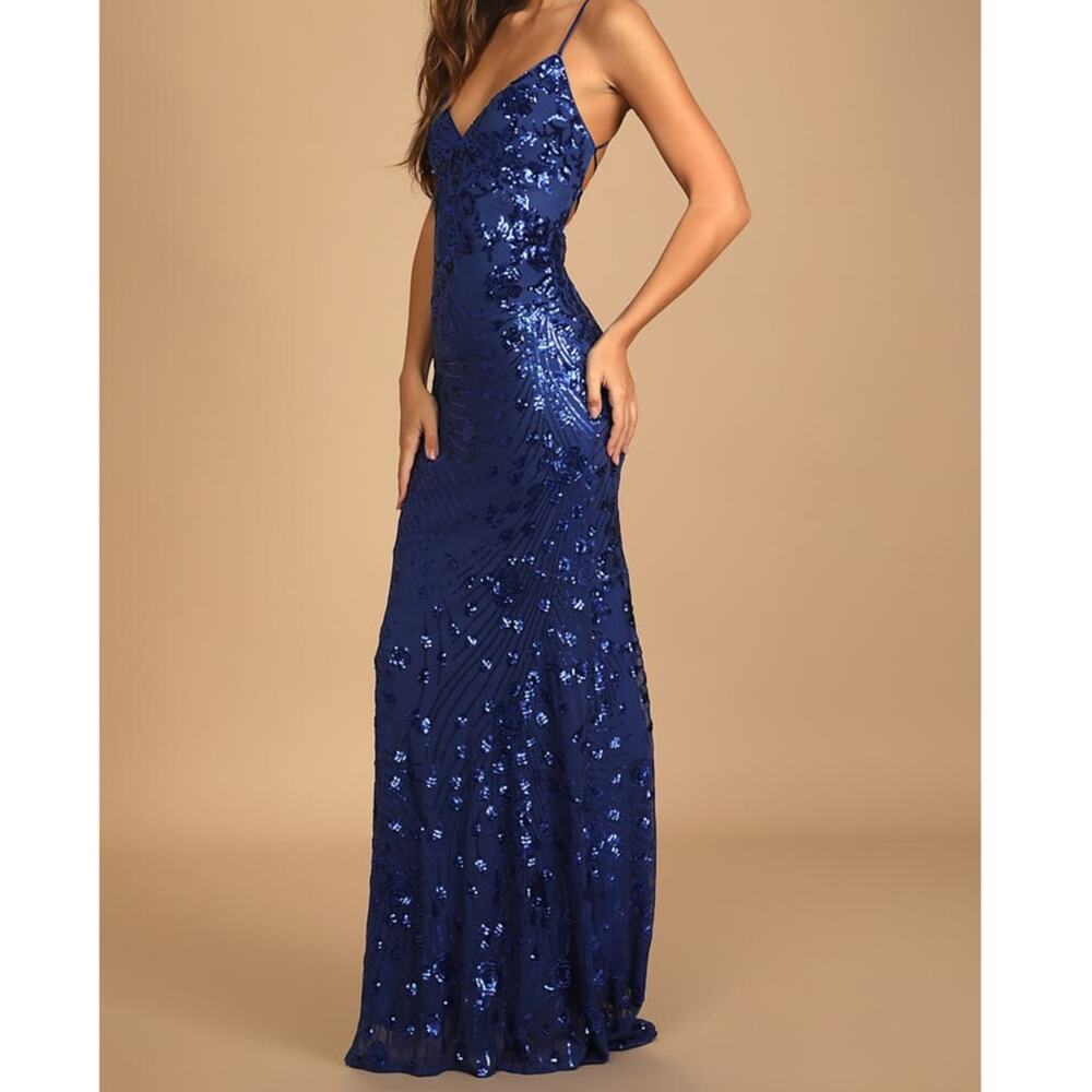 NEW Lulus Photo Finish Royal Blue Sequin Mesh Lace-Up Mermaid Maxi Dress Medium